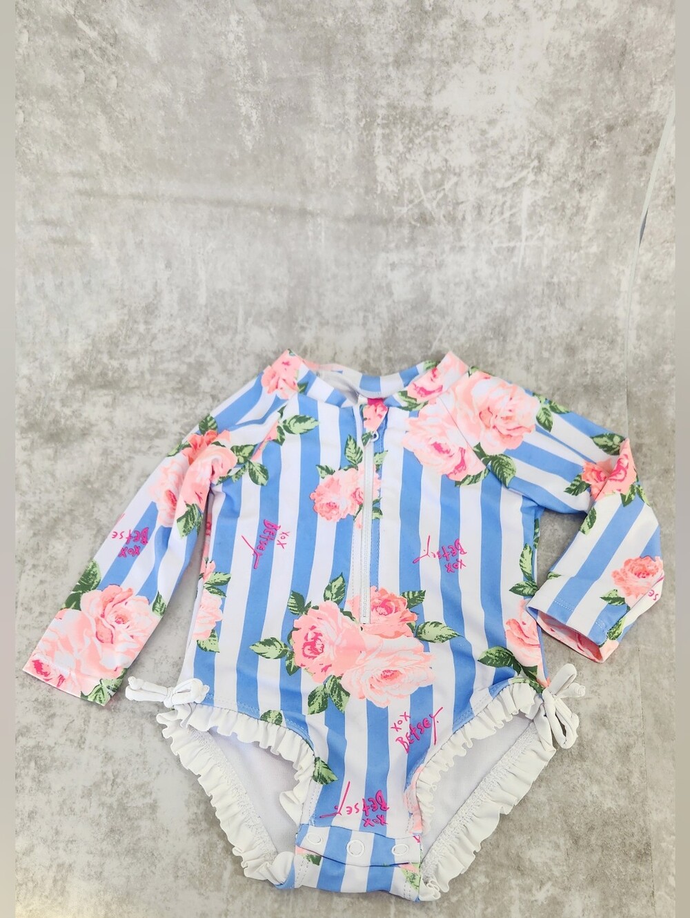 Betsey Johnson Rash Guard Swimsuit Baby Girls 12M Blue Floral Stripe Boho Beach